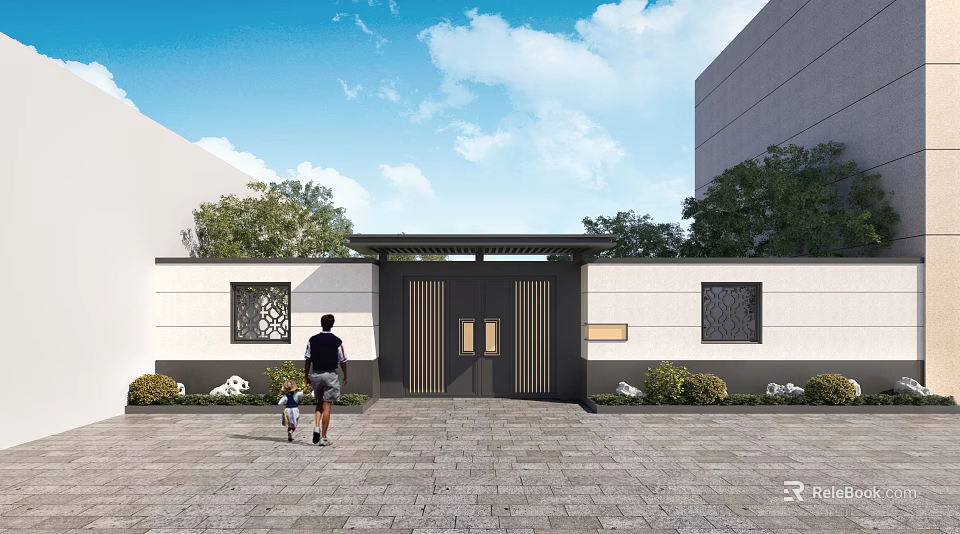 Traditional Chinese Style Entrance Gate With Lattice Windows And Stone Pathway Front Of Building 3d model 