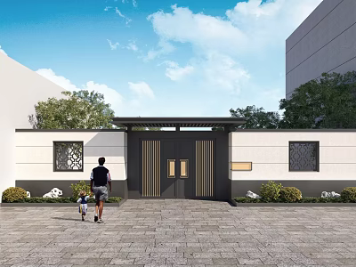 Traditional Chinese Style Entrance Gate With Lattice Windows And Stone Pathway Front Of Building 3d model