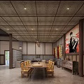 Traditional Teahouse Interior With Wooden Ceiling Beams Hanging Lamps And Wooden Tables Chairs