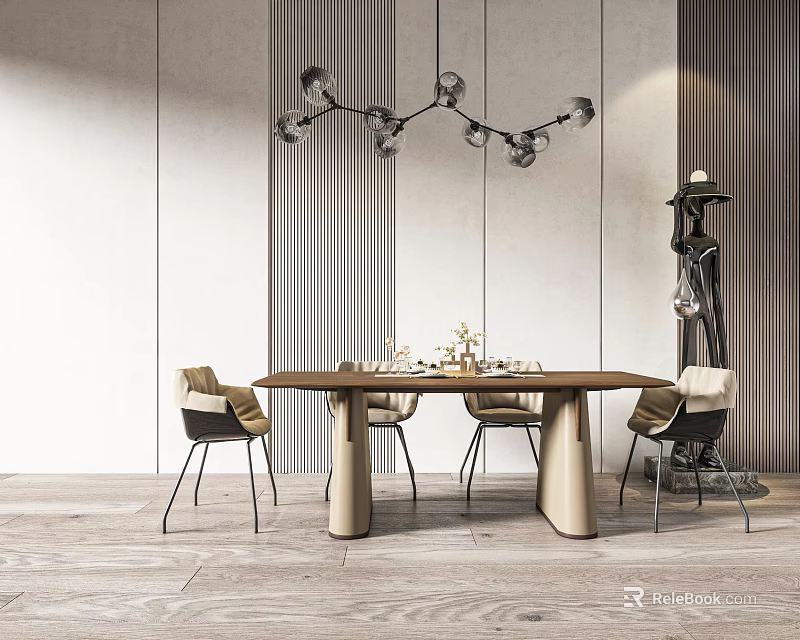 Modern Dining Table Set With Wooden Top Minimalist Chairs And Stylish Pendant Light 3d model 
