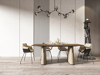 Modern Dining Table Set With Wooden Top Minimalist Chairs And Stylish Pendant Light 3d model