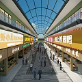 Bustling Commercial Street With Various Shops Store Signs On Both Sides Glass Dome And Pedestrians