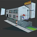 Two Characters In 3D Minimart Scene One Running Up Stairs And One Standing