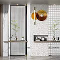 Modern Room Divider With Wooden Slats Glass Screens Ornamental Art And Shelves