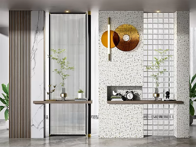 Modern Room Divider With Wooden Slats Glass Screens Ornamental Art And Shelves 3d model
