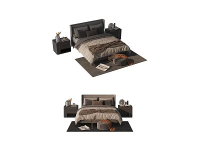 Modern Double Bed With Neutral Bedding Bedside Tables And Area Rug 3d model
