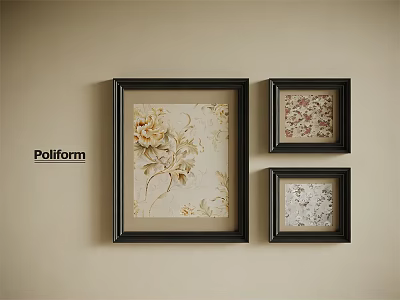 Three Black Framed Botanical Paintings with Floral Patterns on Beige Wall 3d model