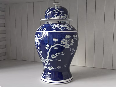 Decorative Ornament Set Featuring Blue And White Vase With Plum Blossom Pattern On White Shelf 3d model