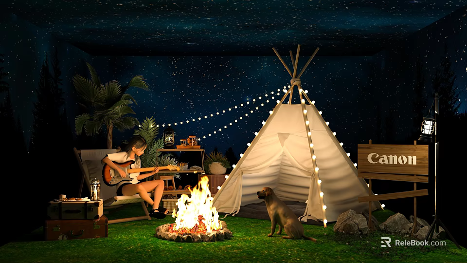 Interactive Outdoor Camping Space With Bonfire Guitar Player Dog Tepee Tent And String Lights 3d model 