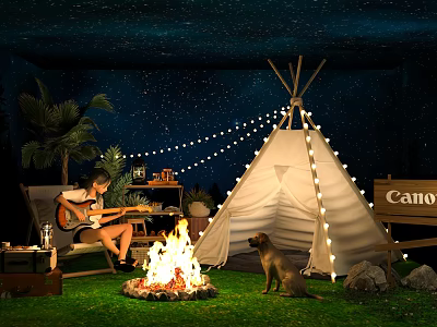 Interactive Outdoor Camping Space With Bonfire Guitar Player Dog Tepee Tent And String Lights 3d model