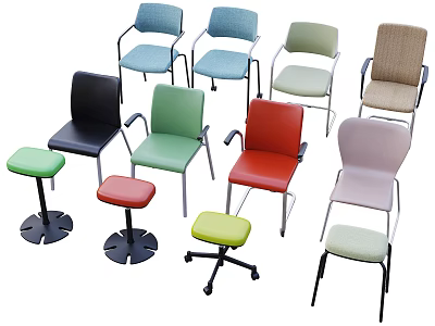 Various Colored Single Chairs With Metal Legs And Padded Seats In Different Styles 3d model