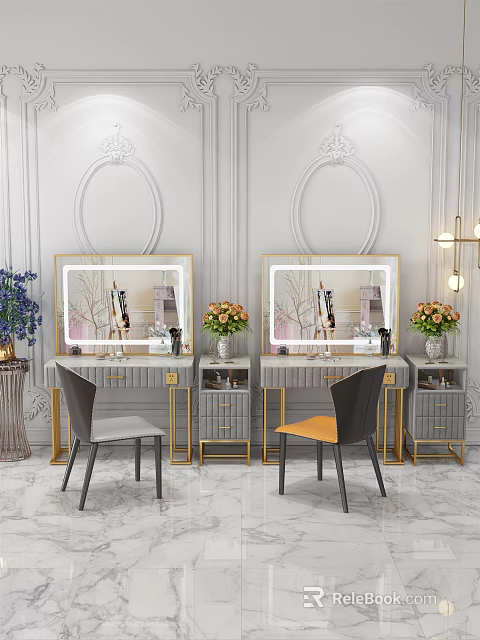 Elegant Double Dressing Tables With Golden Frame Mirrors And Matching Chairs 3d model 