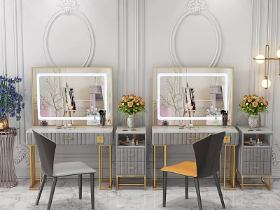 Elegant Double Dressing Tables With Golden Frame Mirrors And Matching Chairs 3d model