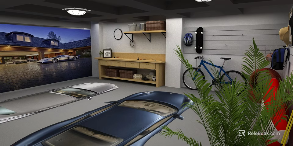 Stylish Garage Interior With Blue Classic Car Bicycle Wooden Shelf Wall Art And Green Plant 3d model 