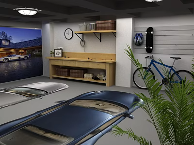 Stylish Garage Interior With Blue Classic Car Bicycle Wooden Shelf Wall Art And Green Plant 3d model