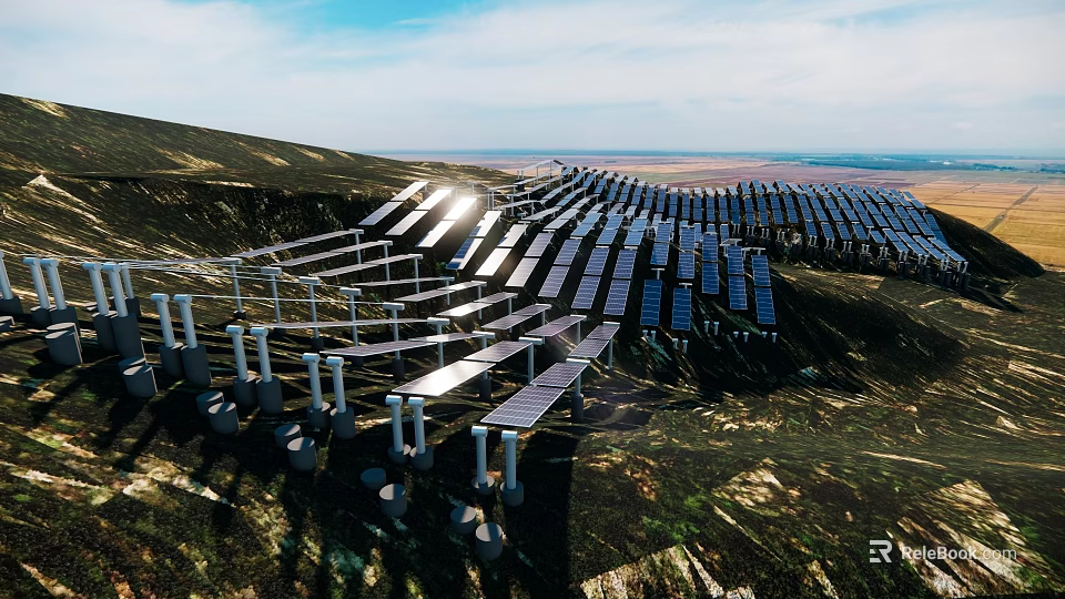Solar Panels Array On Hill With Blue Sky And Vast Landscape View 3d model