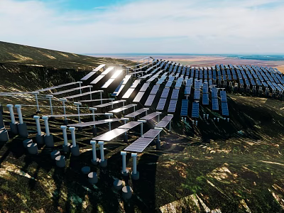 Solar Panels Array On Hill With Blue Sky And Vast Landscape View 3d model