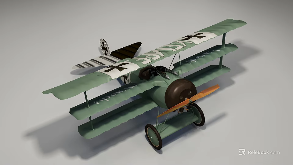 Vintage Green Biplane Passenger Plane With Propeller And Cross Markings 3d model 