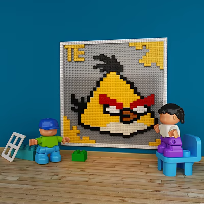 Toy Building Blocks Angry Bird Mural With Mini Figures On Blue Wall Wooden Floor 3d model