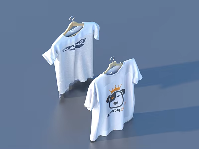 Two White T Shirts With Summer Blue Graphic And Lovely Cartoon Dog Crown Design 3d model
