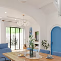 Bright Living Dining Room With Blue Wall Sofa Coffee Table And Ceiling Fan