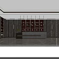 Elegant Front Desk Reception Area With Marble Counter Hanging Lights Wooden Shelves And Green Plant