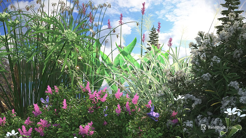 Vibrant Garden Flowers And Lush Green Plants With Pink Purple Blooms And Butterflies 3d model 