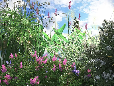 Vibrant Garden Flowers And Lush Green Plants With Pink Purple Blooms And Butterflies 3d model