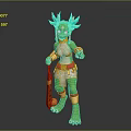 Anthropomorphic Green Creature Character With Blue Feathered Headdress Holding Staff In Ornamental Outfit