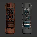 Two Industrial Machinery Units With Metallic Structure And Different Colors On Base Frame