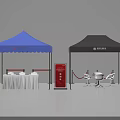 Public Facility Setup With Blue Black Tents Red Signboards White Tables And Chairs