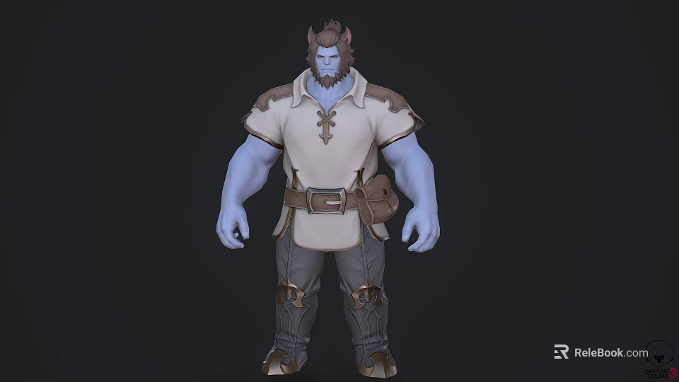 Muscular Horned Blue Skinned Game Movie Character in White Tunic Brown Belt and Pants 3d model 