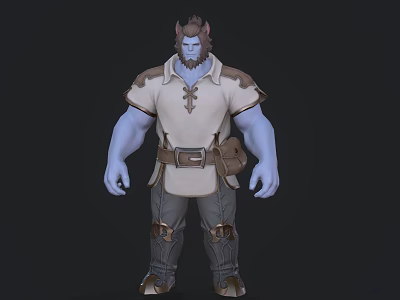 Muscular Horned Blue Skinned Game Movie Character in White Tunic Brown Belt and Pants 3d model