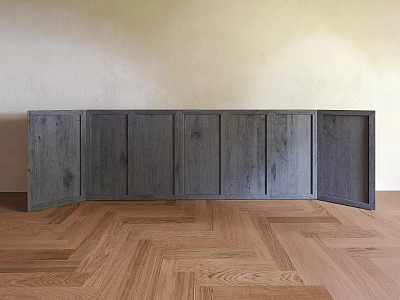 Gray Wooden Folding Room Divider with Multiple Panels and Herringbone Floor 3d model