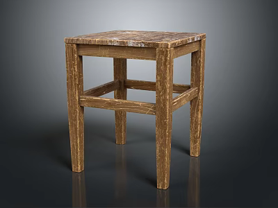 Rustic Wooden Stool Furniture With Marble Top And Sturdy Frame Structure Design 3d model
