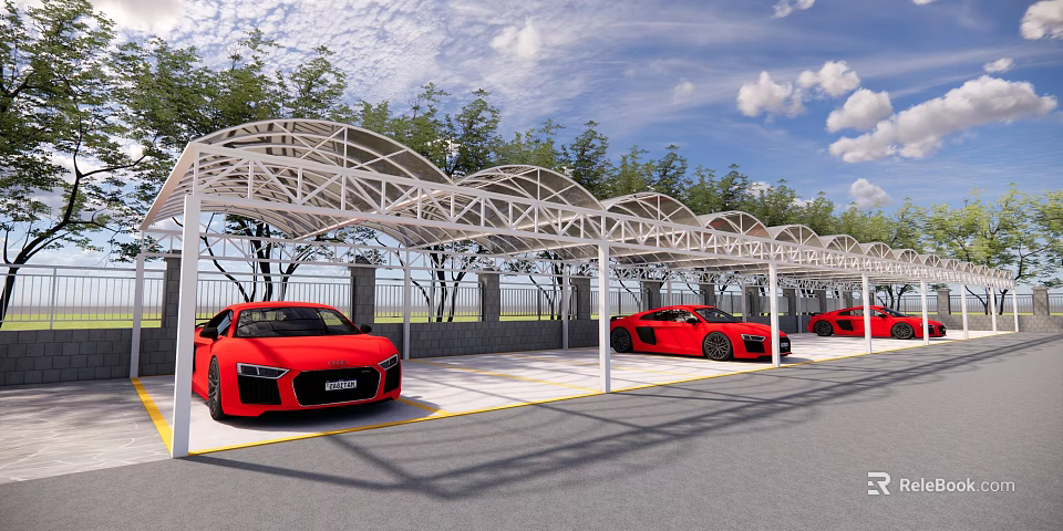 Outdoor Carport With White Metal Frame Red Sports Cars And Green Trees 3d model 