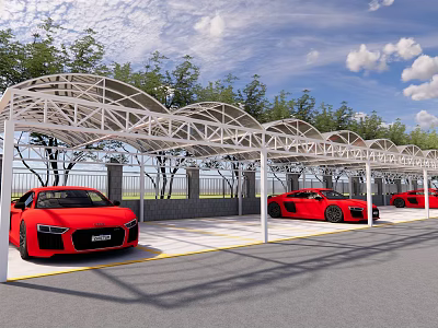 Outdoor Carport With White Metal Frame Red Sports Cars And Green Trees 3d model