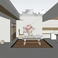 Modern Courtyard Garden Landscape With Red Flower Tree Stone Table And Wooden Floor