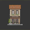 Cartoon Scene of Two Story Brick House with Orange Tiled Roof Ground Floor Cafe and Colorful Graffiti