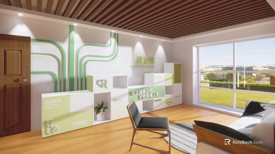 Interior Space Featuring Green Lines White Green Cabinets Wooden Flooring And Lawn View 3d model 