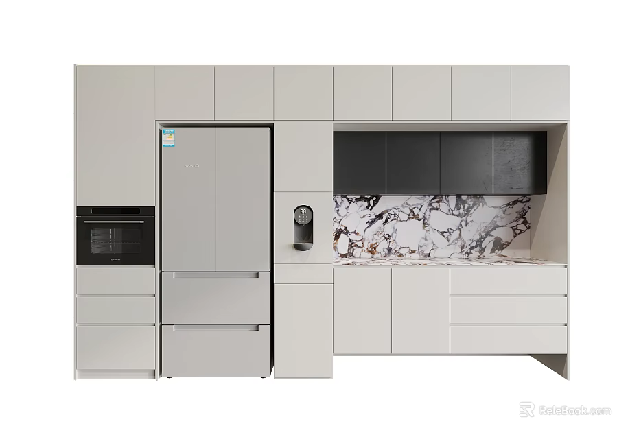 Modern Kitchen Interior Featuring White Cabinets Built-in Refrigerator Oven And Marble Backsplash 3d model