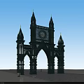 Ornate Gothic Entrance Gate With Clock Towers Arches And Blue Sky Stone Pavement