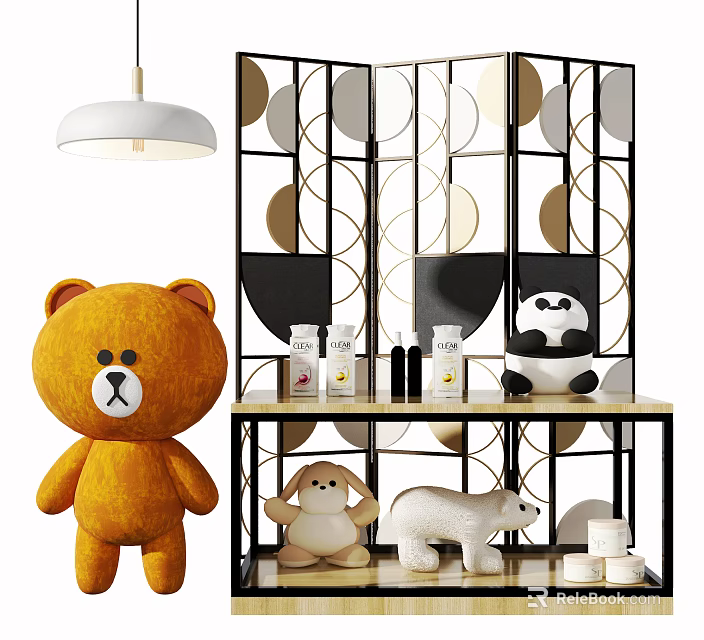 Home Decor Scene With Orange Bear Doll Small Toys Circular Screen And Pendant Lamp 3d model 