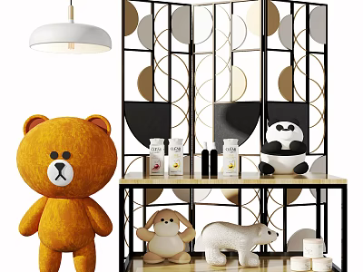 Home Decor Scene With Orange Bear Doll Small Toys Circular Screen And Pendant Lamp 3d model