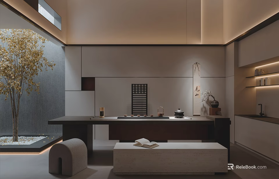 Modern Minimalist Tea Room Interior Design With Long Table Tea Sets And Stone Bench 3d model 