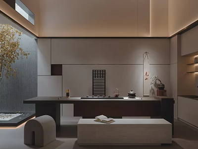 Modern Minimalist Tea Room Interior Design With Long Table Tea Sets And Stone Bench 3d model