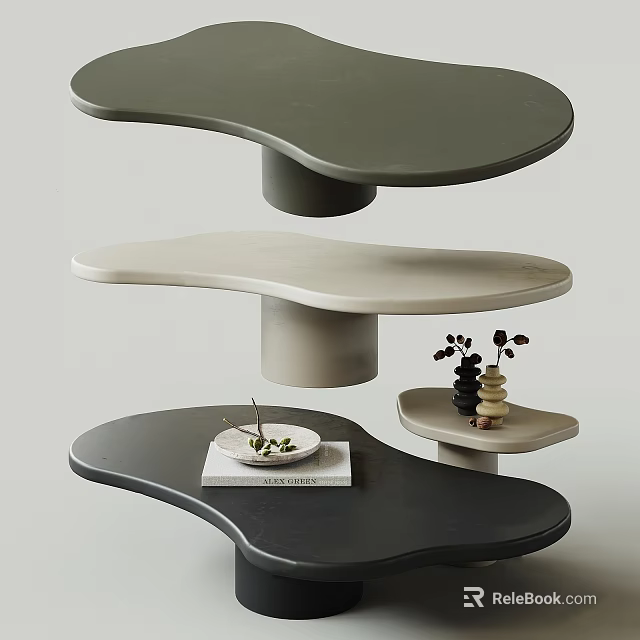 Multi Tiered Coffee Table With Organic Curved Design Neutral Tones And Decorative Items 3d model 