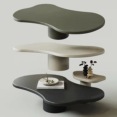 Multi Tiered Coffee Table With Organic Curved Design Neutral Tones And Decorative Items 3d model