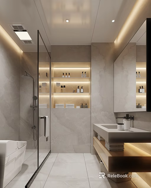 Modern Bathroom Interior Design With Shower Area Marble Walls Shelves With Toiletries And Vanity Mirror 3d model 