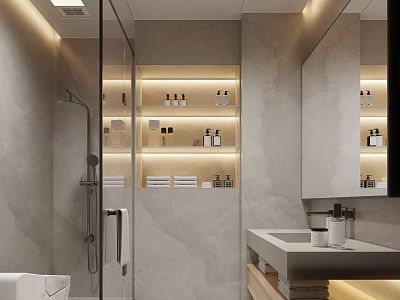 Modern Bathroom Interior Design With Shower Area Marble Walls Shelves With Toiletries And Vanity Mirror 3d model